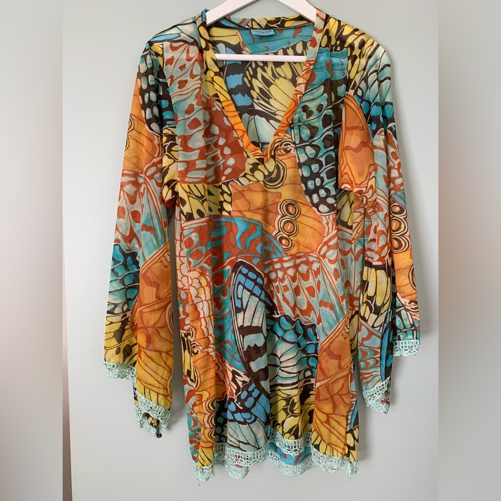 LeTarte Butterfly Print Tunic/Cover Up Sz L